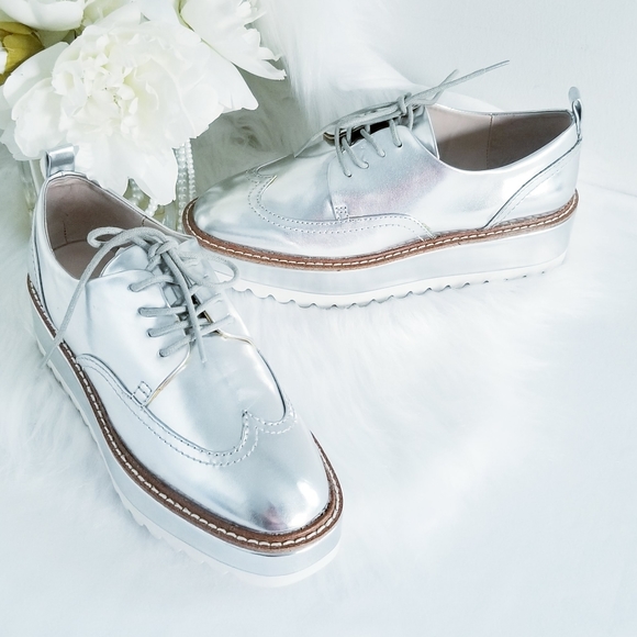 ZARA Silver Metallic Platform Wingtip Oxford Shoes